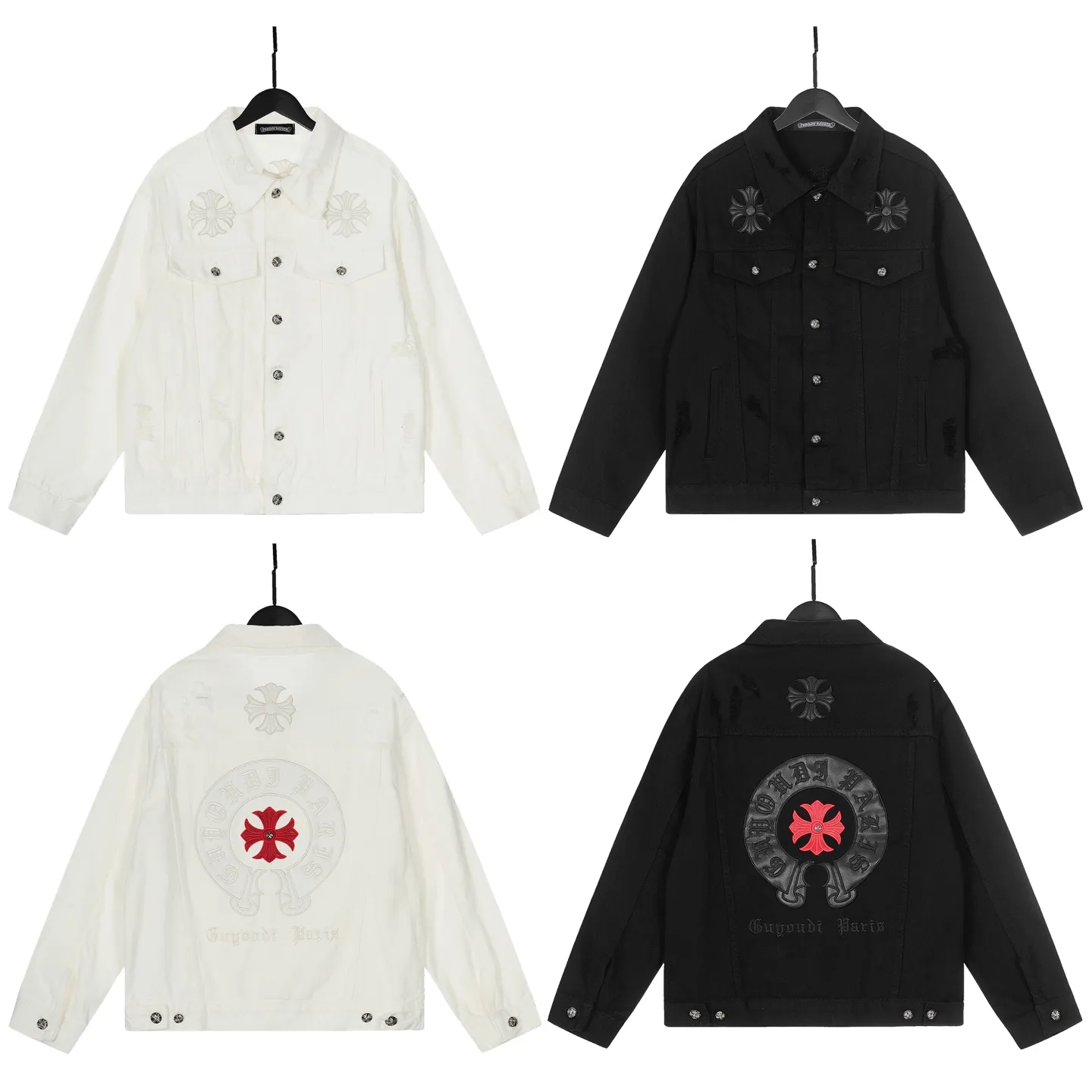P270 💰 Chrome Hearts Chrome Hearts Cross-Patch Leather Embroidered Shirt Denim Jacket OS version can be worn by both men and women! The fabric is made of twill gauze cotton fabric! The texture is clear and smooth, not easy to wrinkle or fade! The embroidery process is complex and repetitive. There are more than 20 leather labels. It takes 6 repeated embroidery steps to complete the back body. The requirements for the embroidery machine are very strict, and the distance is 45 cm! It won’t work if the spacing is too big, and it won’t work if it’s too small! We make clothes with care, and every detail must be restored one to one! The hardware is all carved and cast, and they are all genuine from the original factory! This piece of clothing consumes a lot of material, with more than 3 meters of material used for one piece of clothing! After the garment is made, it needs to be fixed at high temperature, washed at a water temperature of more than 70 degrees, and softened by adding softener to make the upper body softer and smoother! There is a flap on the sleeve that can be stored into short sleeves! Make it fit that understanding Color: Black White Size: S-M-L-XL